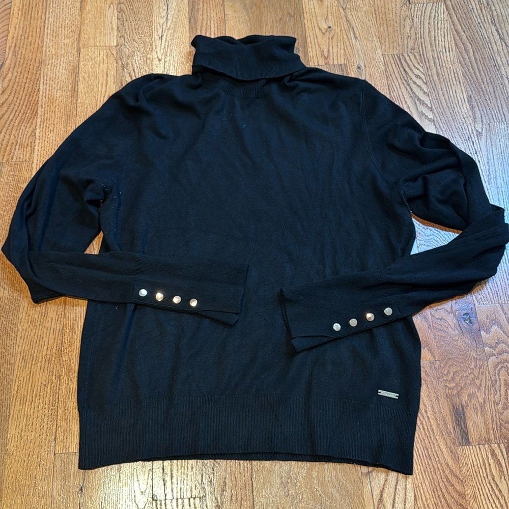 Tahari black turtleneck sweater with gold button accents size large